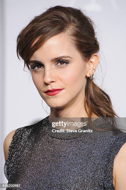 Actress Emma Watson poses in the press room during the Oscars at Loews Hollywood Hotel on March 2, 2014 in Hollywood, California.