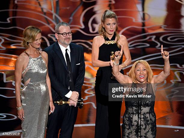 Janet Friesen, director Morgan Neville, producer Caitrin Rogers, and singer Darlene Love accept the Best Documentary, Feature award for '20 Feet from...