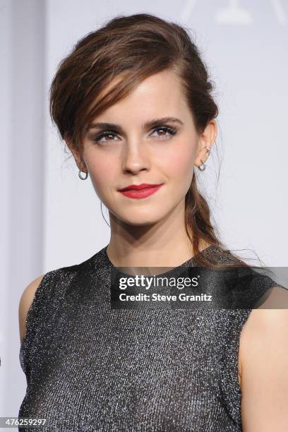 Actress Emma Watson poses in the press room during the Oscars at Loews Hollywood Hotel on March 2, 2014 in Hollywood, California.