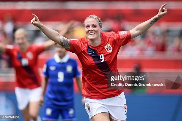 Isabell Herlovsen of Norway celebrates as she scores their third goal during the FIFA Women's World Cup Canada 2015 Group B match between Norway and...