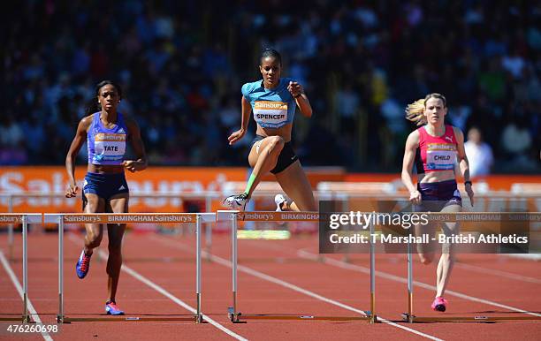 Kaliese Spencer of USA clears the last hurdle to win the Women's 400m Hurdles Final during the Sainsbury's Birmingham Grand Prix - Diamond League...