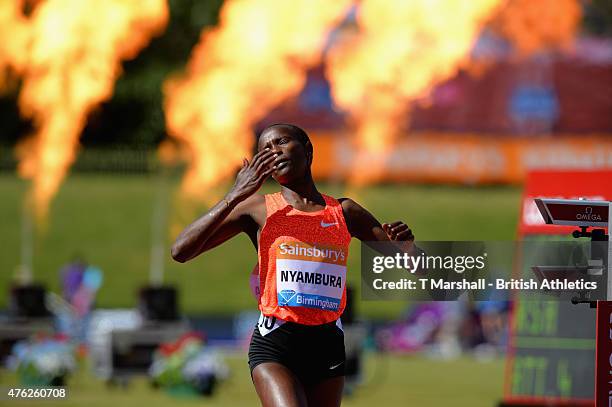 Virginia Nyambura of Kenya celebrates as she wins the Women's 3000m Steeplechase final during the Sainsbury's Birmingham Grand Prix - Diamond League...