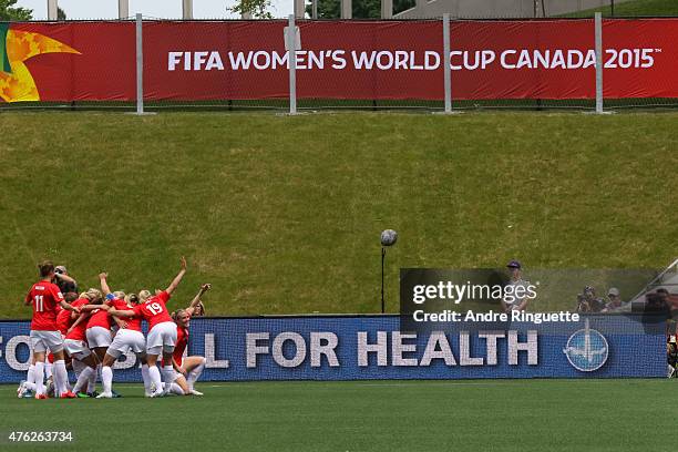 Team Norway pose for a mock selfie after scoring their third goal against Thailand during the FIFA Women's World Cup Canada 2015 Group B match...