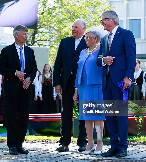 Artist Olav Orud, King Harald of Norway, Princess Astrid of Norway, Mayor of Oslo Fabian Stang of Norway attend the unveiling of a statue of King...