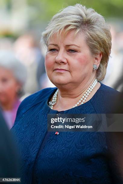 Prime Minister Erna Solberg of Norway attends the unveiling of a statue of King Olav V at the City Hall Square on June 7, 2015 in Oslo, Norway.