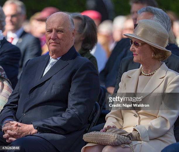 King Harald of Norway, Queen Sonja of Norway attend the unveiling of a statue of King Olav V at the City Hall Square on June 7, 2015 in Oslo, Norway.