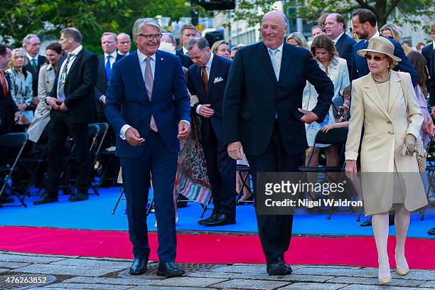 Mayor of Oslo Fabian Stang of Norway, King Harald of Norway, Queen Sonja of Norway attend the unveiling of a statue of King Olav V at the City Hall...