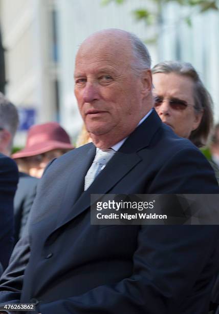 King Harald of Norway attends the unveiling of a statue of King Olav V at the City Hall Square on June 7, 2015 in Oslo, Norway.