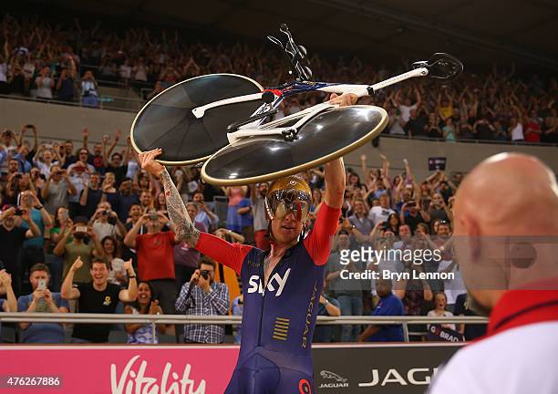 Sir Bradley Wiggins of Great Britain and Team Wiggins celebrates breaking the UCI One Hour Record at Lee Valley Velopark Velodrome on June 7, 2015 in...