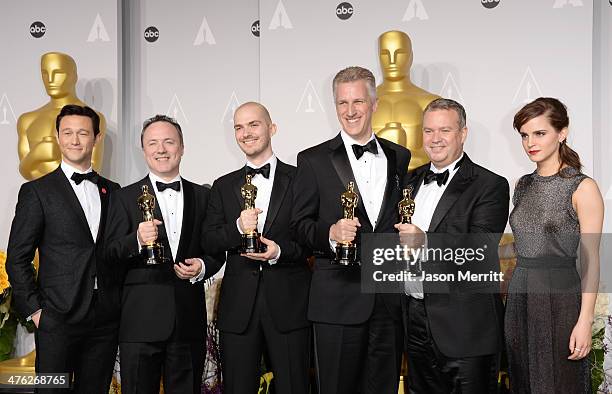 Actor Joseph Gordon-Levitt, Visual effects artists Timothy Webber, Neil Corbould, Chris Lawrence, and David Shirk, winners of Best Achievement in...