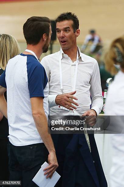 David Millar waits as Sir Bradley Wiggins of Great Britain and Team Wiggins prepares to break the UCI One Hour Record at Lee Valley Velopark...