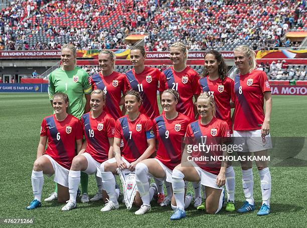 Norway's national team poses for a photo before a Group B match at the 2015 FIFA Women's World Cup against Thailand at Landsdowne Stadium in Ottawa...