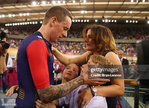 Sir Bradley Wiggins of Great Britain and Team Wiggins celebrates with his family after breaking the UCI One Hour Record at Lee Valley Velopark...