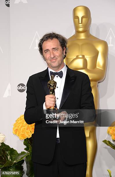 Director Paolo Sorrentino, winner of Best Foreign Language Film of the Year poses in the press room during the Oscars at Loews Hollywood Hotel on...