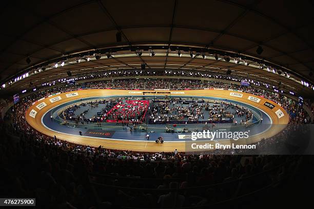 Sir Bradley Wiggins of Great Britain and Team Wiggins in action on his way to setting a new UCI One Hour Record at Lee Valley Velopark Velodrome on...