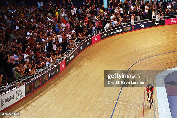 Sir Bradley Wiggins of Great Britain and Team Wiggins in action on his way to setting a new UCI One Hour Record at Lee Valley Velopark Velodrome on...