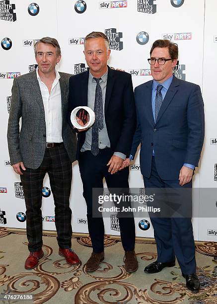 Steve Coogan, Michael Winterbottom and Rob Brydon winners of the Comedy award for 'The Trip To Italy', in the press room at the South Bank Sky Arts...