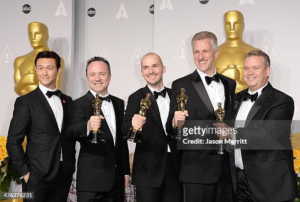 Actor Joseph Gordon-Levitt, Visual effects artists Timothy Webber, Neil Corbould, Chris Lawrence, and David Shirk, winners of Best Achievement in...