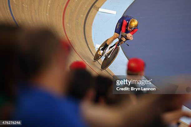 Sir Bradley Wiggins of Great Britain and Team Wiggins in action on his way to setting a new UCI One Hour Record at Lee Valley Velopark Velodrome on...