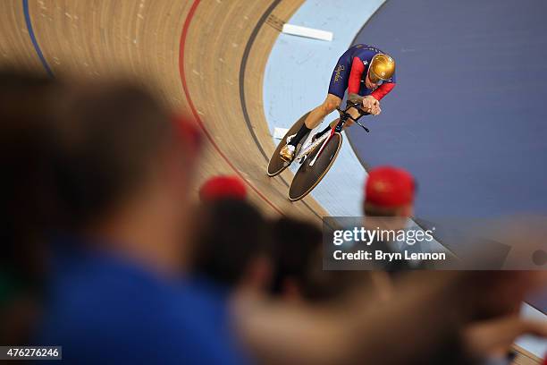 Sir Bradley Wiggins of Great Britain and Team Wiggins in action on his way to setting a new UCI One Hour Record at Lee Valley Velopark Velodrome on...