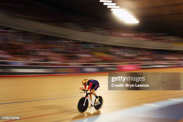 Sir Bradley Wiggins of Great Britain and Team Wiggins in action on his way to setting a new UCI One Hour Record at Lee Valley Velopark Velodrome on...