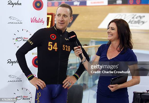 Sir Bradley Wiggins of Great Britain and Team Wiggins celebrates after the UCI One Hour Record at Lee Valley Velopark Velodrome on June 7, 2015 in...