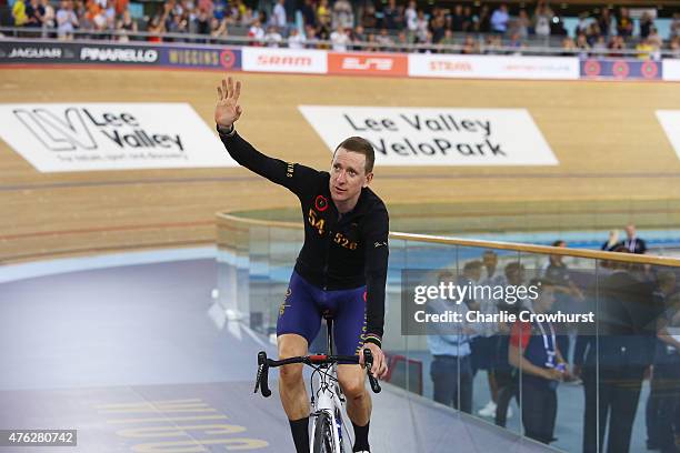 Sir Bradley Wiggins of Great Britain and Team Wiggins celebrates after breaking the UCI One Hour Record at Lee Valley Velopark Velodrome on June 7,...