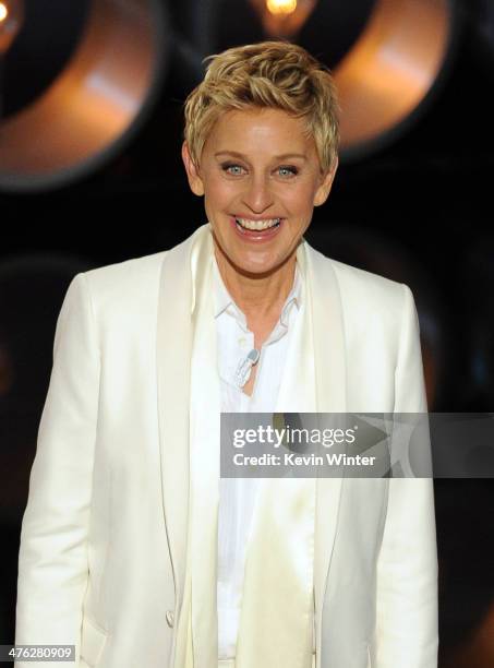 Host Ellen DeGeneres speaks onstage during the Oscars at the Dolby Theatre on March 2, 2014 in Hollywood, California.