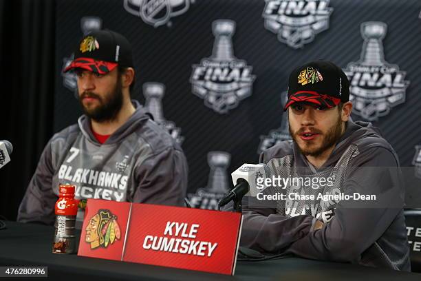 Kyle Cumiskey of the Chicago Blackhawks speaks during a press conference for the 2015 NHL Stanley Cup Final at the United Center on June 7, 2015 in...