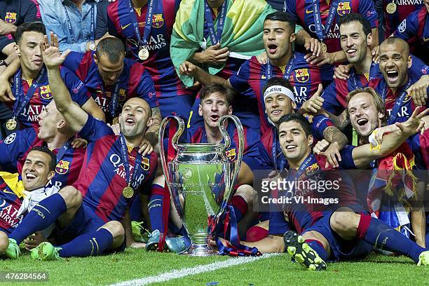 Munir El Haddadi of FC Barcelona, Jeremy Mathieu of FC Barcelona, Pedro Rodriguez of FC Barcelona, Javier Mascherano of FC Barcelona, Lionel Messi of...