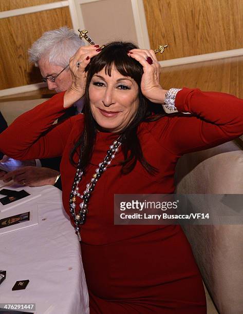 Actress Anjelica Huston attends the 2014 Vanity Fair Oscar Party Viewing Dinner Hosted By Graydon Carter on March 2, 2014 in West Hollywood,...