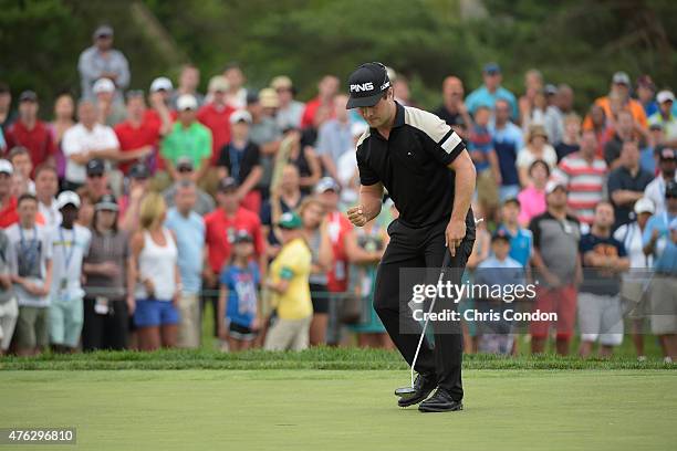 David Lingmerth of Sweden Makes a par putt to win the Memorial Tournament presented by Nationwide at Muirfield Village Golf Club on June 7, 2015 in...