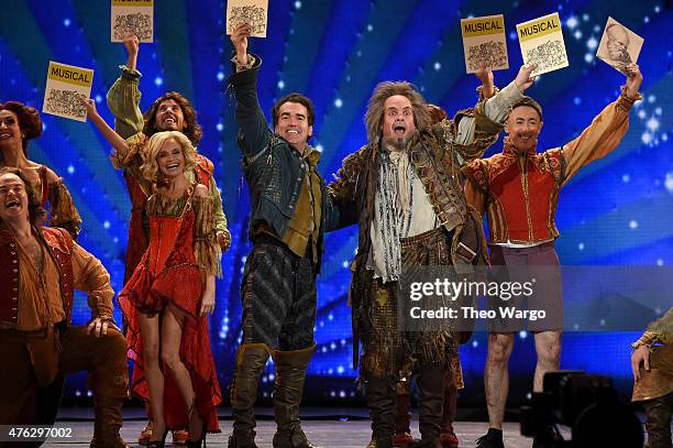 Hosts Kristin Chenoweth and Alan Cumming perform with the cast of Something Rotten onstage at the 2015 Tony Awards at Radio City Music Hall on June...