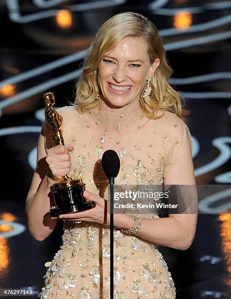 Actress Cate Blanchett accepts the Best Performance by an Actress in a Leading Role award for 'Blue Jasmine' onstage during the Oscars at the Dolby...