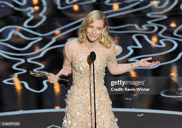 Actress Cate Blanchett accepts the Best Performance by an Actress in a Leading Role award for 'Blue Jasmine' onstage during the Oscars at the Dolby...