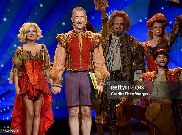 Hosts Kristin Chenoweth and Alan Cumming perform with the cast of Something Rotten onstage at the 2015 Tony Awards at Radio City Music Hall on June...