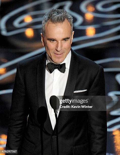 Actor Daniel Day-Lewis speaks onstage during the Oscars at the Dolby Theatre on March 2, 2014 in Hollywood, California.