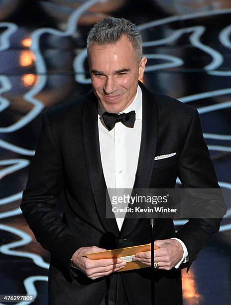 Actor Daniel Day-Lewis speaks onstage during the Oscars at the Dolby Theatre on March 2, 2014 in Hollywood, California.