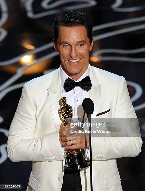 Actor Matthew McConaughey accepts the Best Performance by an Actor in a Leading Role award for 'Dallas Buyers Club' onstage during the Oscars at the...