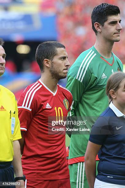 Captain Eden Hazard and Thibaut Courtois of Belgium during the International Friendly games between France and Belgium at Stade de France on june 7,...
