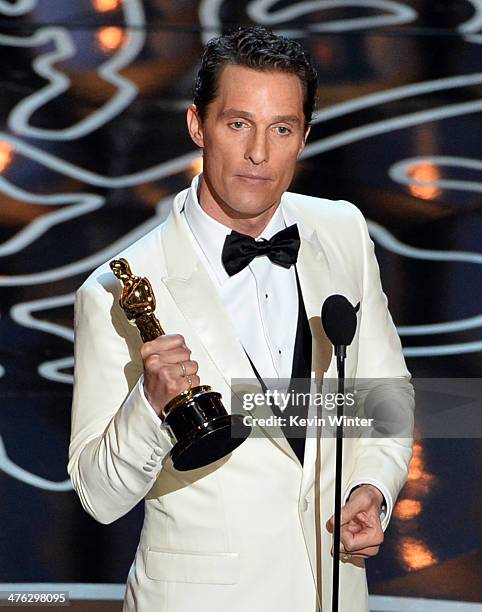 Actor Matthew McConaughey accepts the Best Performance by an Actor in a Leading Role award for 'Dallas Buyers Club' onstage during the Oscars at the...