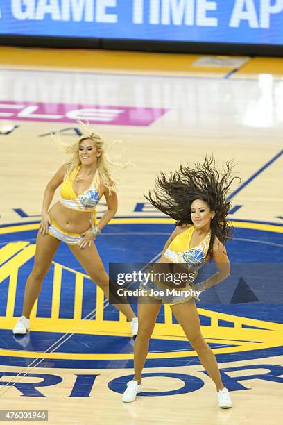 The Golden State Warriors dance team performs in Game Two of the 2015 NBA Finals against the Cleveland Cavaliers on June 7, 2015 at ORACLE Arena in...