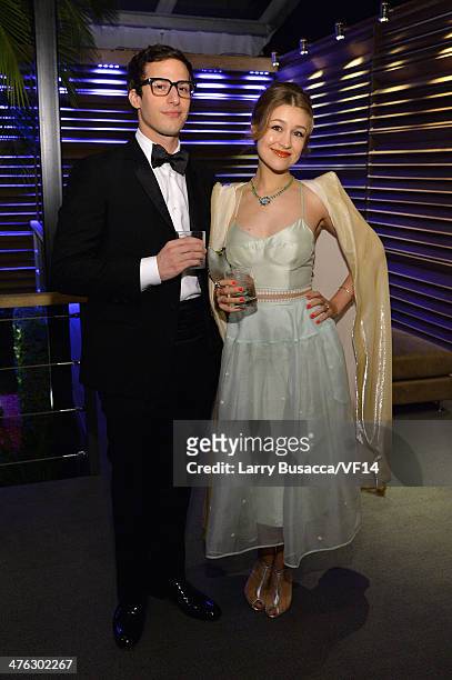 Actor Andy Samberg and musician Joanna Newsom attend the 2014 Vanity Fair Oscar Party Viewing Dinner Hosted By Graydon Carter on March 2, 2014 in...