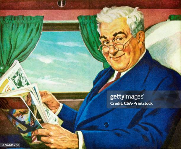 man reading magazine on train - senior reading stock illustrations
