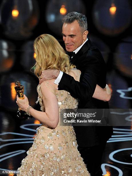 Actress Cate Blanchett accepts the Best Performance by an Actress in a Leading Role award for 'Blue Jasmine' from actor Daniel Day-Lewis onstage...