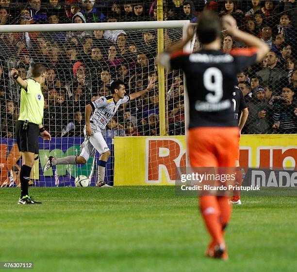 Jacobo Guillermo Mansilla of Olimpo celebrates after scoring the opening goal during a match between Olimpo and River Plate as part of 15th round of...
