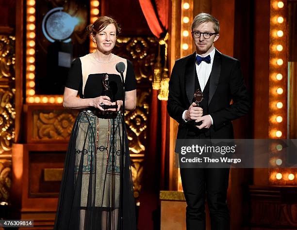 Bunny Christie and Finn Ross accept the award for Best Scenic Design of a Play for The Curious Incident of the Dog in the Night-Time onstage during...