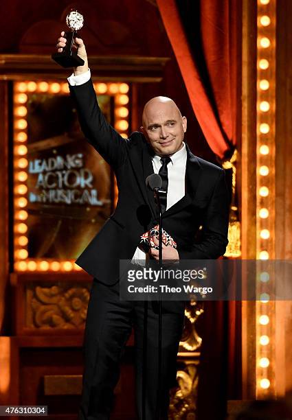 Michael Cerveris accepts the award for Best Performance by an Actor in a Leading Role in a Musical for Fun Home onstage during the 2015 Tony Awards...