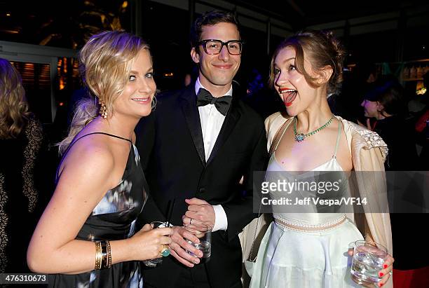 Actress Amy Poehler, actor Andy Samberg, and musician Joanna Newsom attend the 2014 Vanity Fair Oscar Party Hosted By Graydon Carter on March 2, 2014...