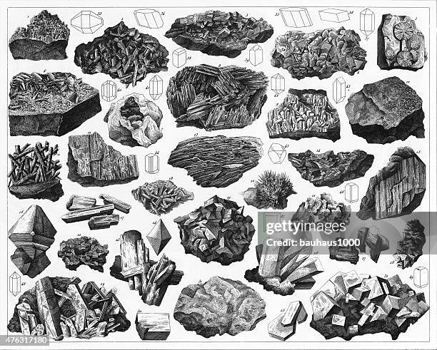 mineralien und deren kristalline formen gravur - mineral stone stock-grafiken, -clipart, -cartoons und -symbole